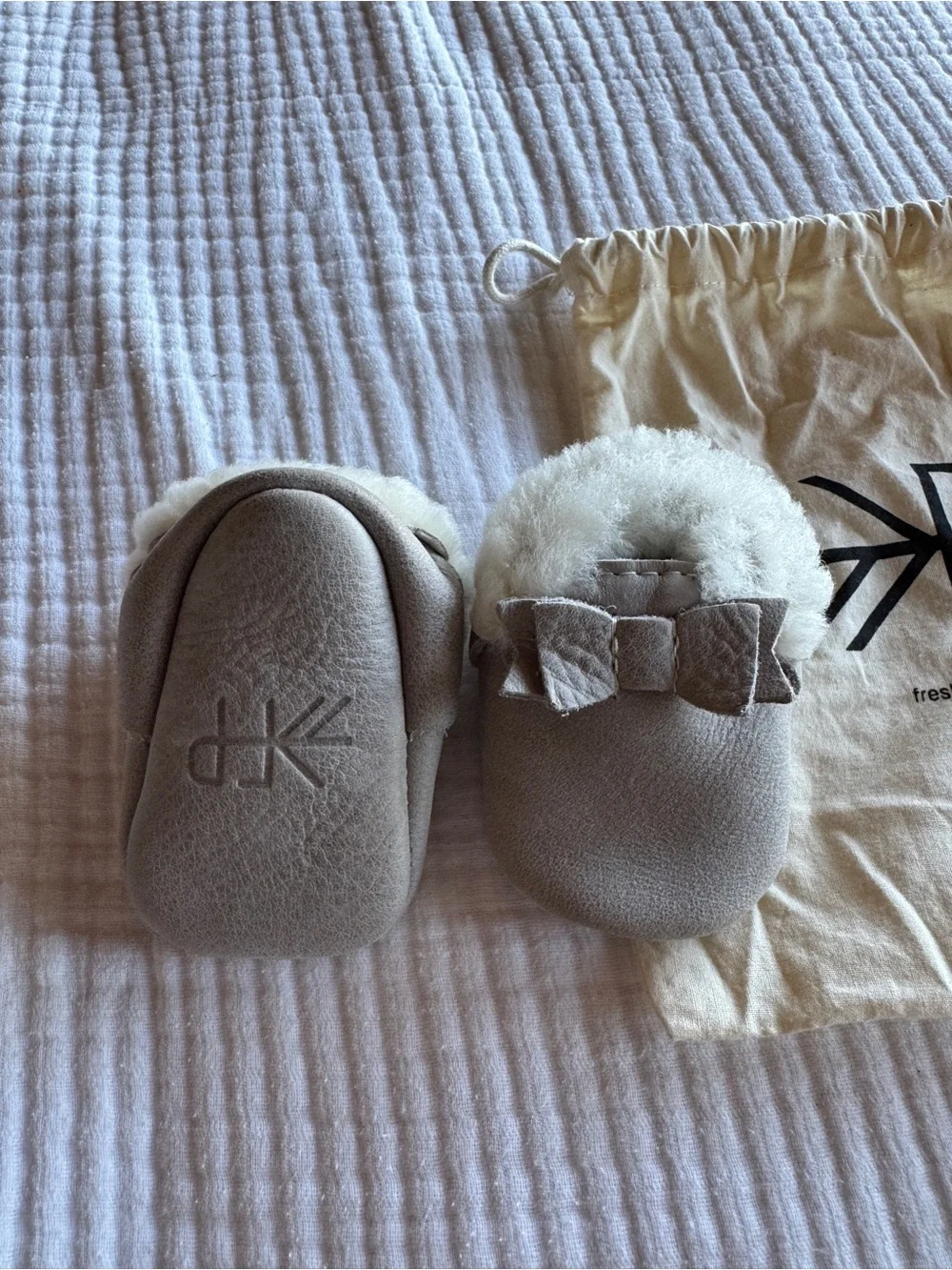 Freshly Picked Gray Leather Baby Moccasins with Shearling Cuff and Bow